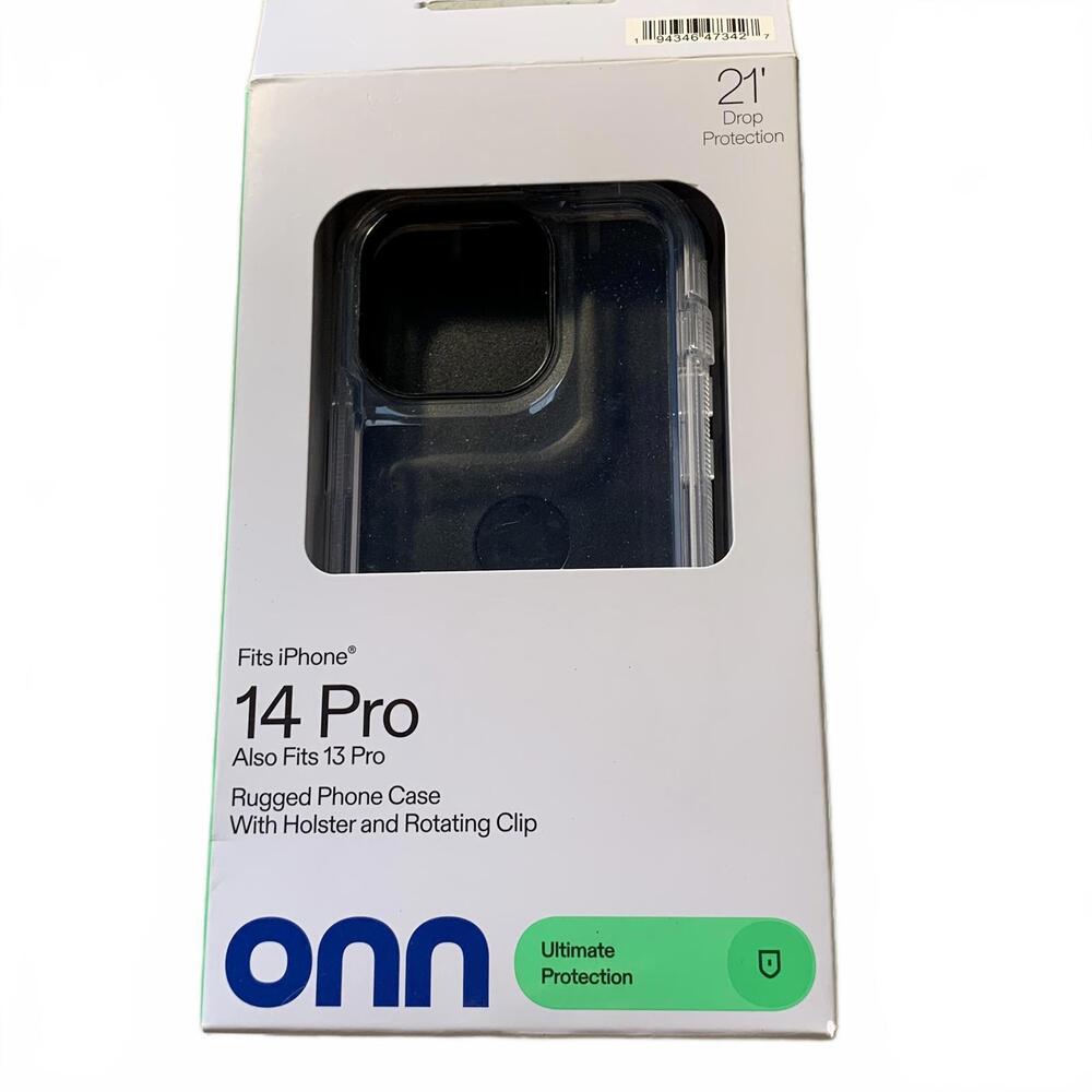 onn Rugged Phone Case with Holster and Rotating Clip for iPhone 14 Pro and 13Pro